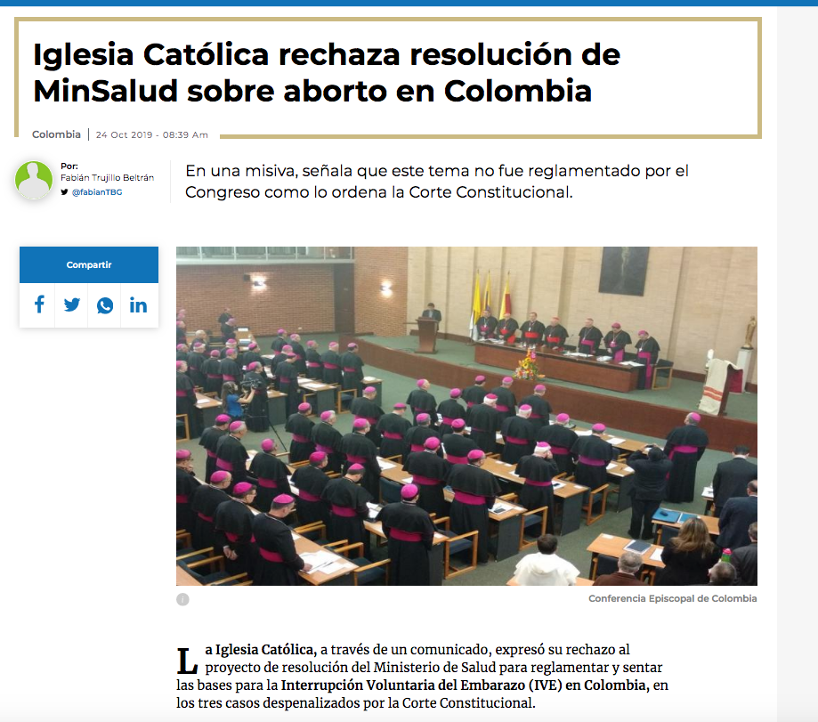 Iglesia Católica rechaza resolución de MinSalud sobre aborto en Colombia