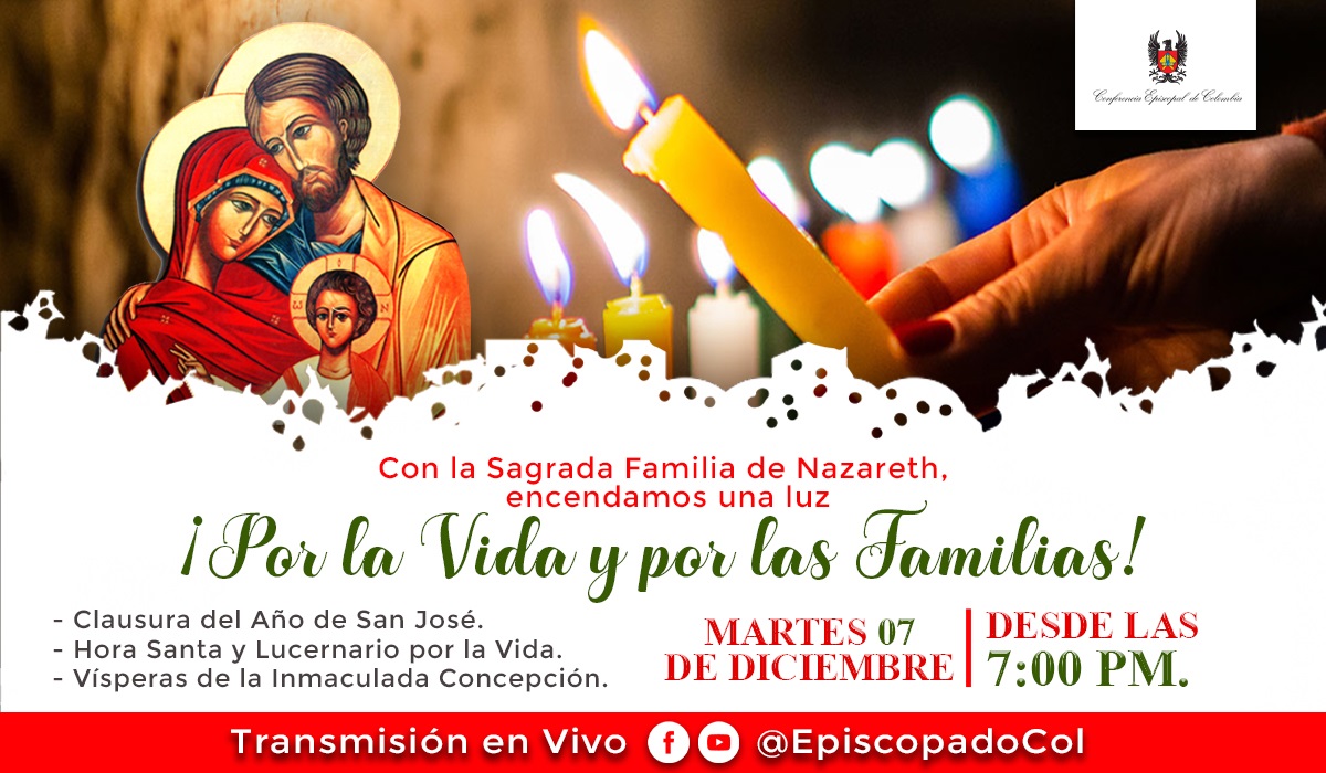 Bajo el lema “Con la Sagrada Familia, encendamos una luz por la vida”, el episcopado colombiano, través de la Comisión Episcopal de Promoción y Defensa de la Vida, invita a las familias a unirse de manera virtual, el próximo martes 7 de diciembre, a partir de las 07:00 p.m., a un momento significativo de oración por el respeto y defensa de la vida. El lucernario, en la tradicional “Noche de las Velitas”, marcará la clausurará del Año de San José, convocado por el Papa Francisco para conmemorar los 150 años del decreto Quemadmodum Deus, con el cual el beato Pío IX declaró a San José patrono de la Iglesia universal. El llamado de la Conferencia Episcopal es a unirse a nivel nacional en un solo clamor por la vida y celebrar la solemne liturgia de la Inmaculada Concepción de María”. Los organizadores de la iniciativa precisan que frente al especial momento que vive Colombia, donde “la falta de valentía para asumir el don invaluable de la vida con todo lo que esto acarrea”, hacen que la Iglesia emprenda estas acciones concretas como un llamado al respeto por la vida de todo ser humano, desde la concepción hasta la muerte natural. En la jornada, que busca fortalecer la esperanza y el compromiso por la vida, será acompañada por los arzobispos de las catorce provincias eclesiásticas de Colombia, en representación de las 77 jurisdicciones del país, quienes se enlazarán de manera virtual y encenderán una vela presentando una intención particular. El evento será transmitido de 7:00 p.m. a 9:00 p.m. a través de las redes sociales de la CEC @Episcopadocol