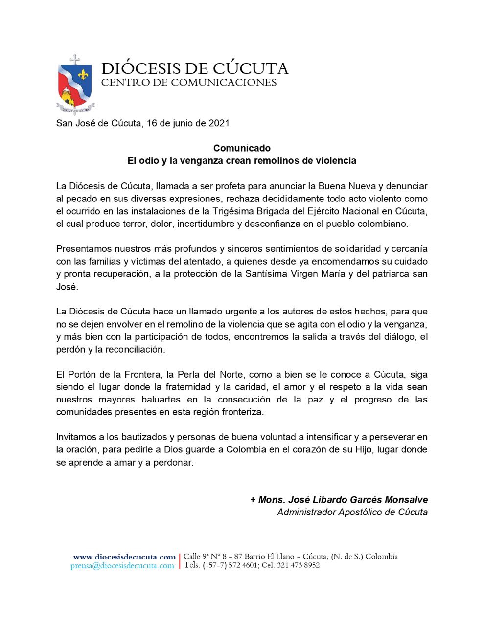 Comunicado de la Diócesis de Cúcuta ante atentado terrorista en la Tigésima Brigada del Ejercito en la ciudad.