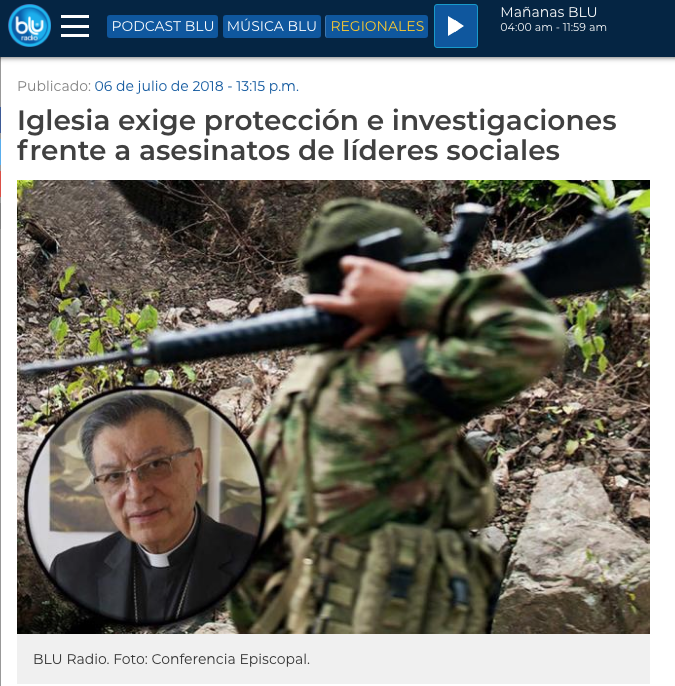Iglesia exige protección e investigaciones frente a asesinatos de líderes sociales
