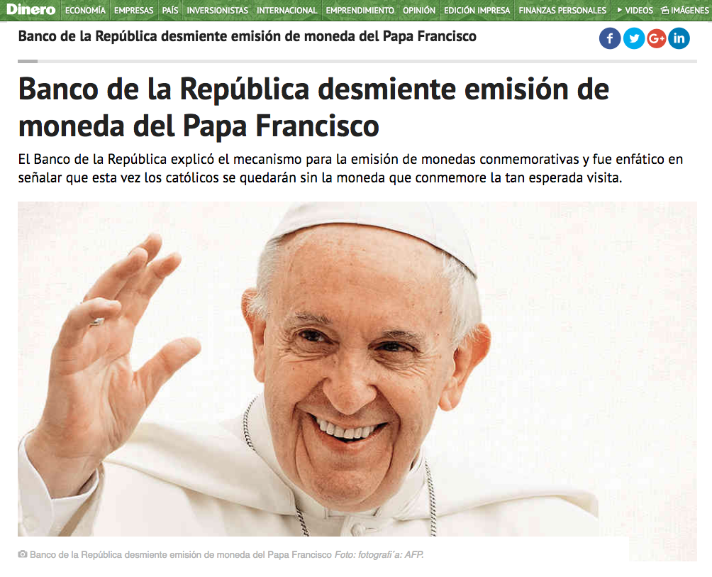 Banco de la República desmiente emisión de moneda del Papa Francisco