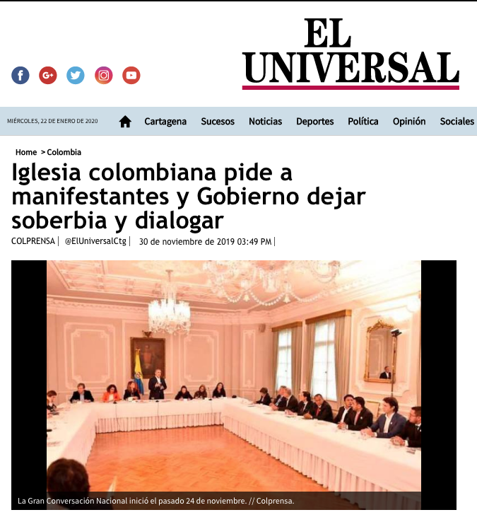 Iglesia colombiana pide a manifestantes y Gobierno dejar soberbia y dialogar