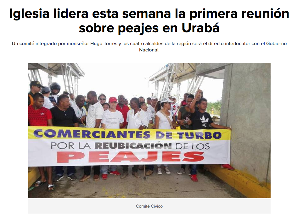 Iglesia lidera esta semana la primera reunión sobre peajes en Urabá