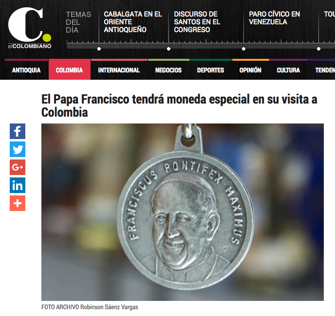 El Papa Francisco tendrá moneda especial en su visita a Colombia