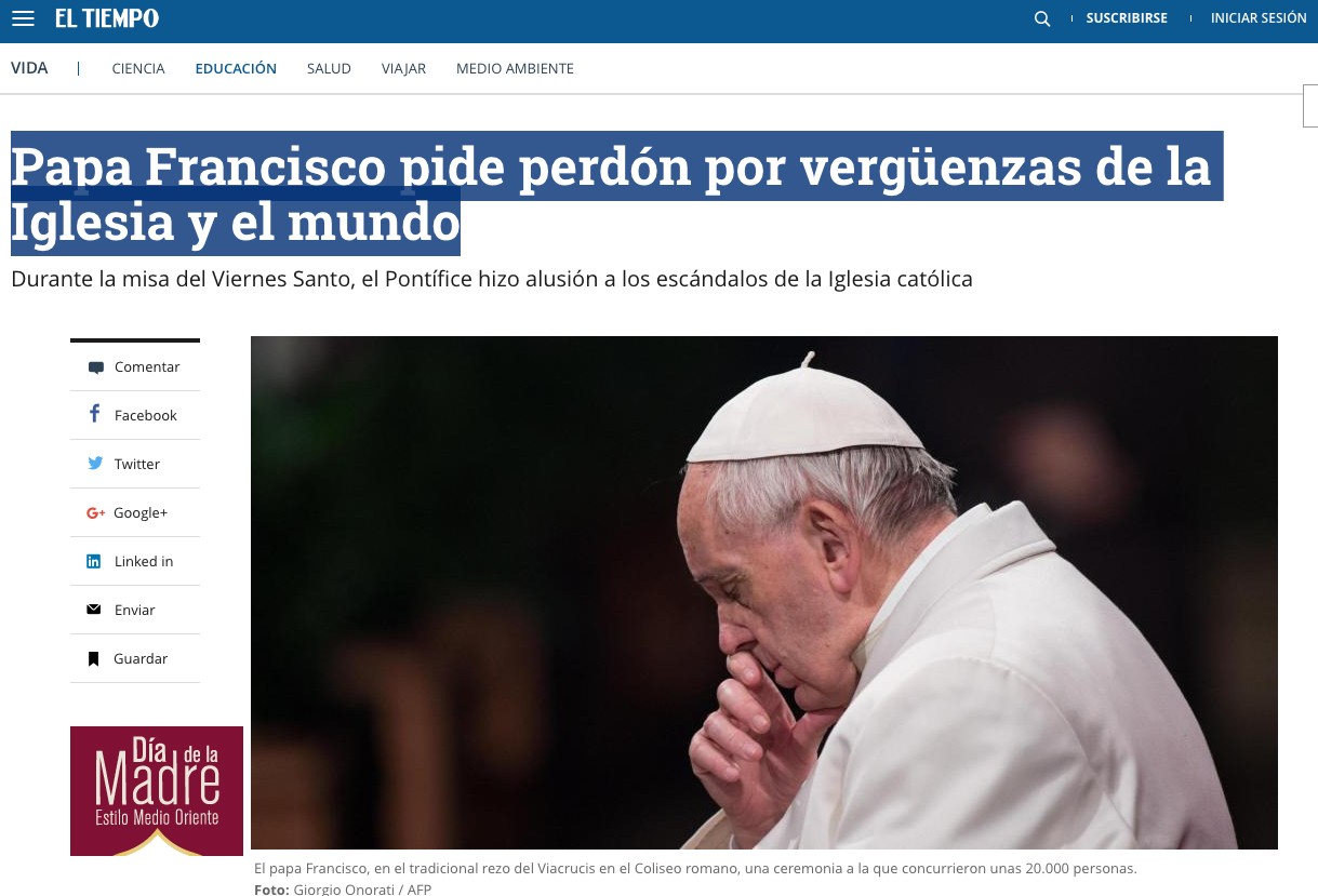 Papa Francisco pide perdón por vergüenzas de la Iglesia y el mundo
