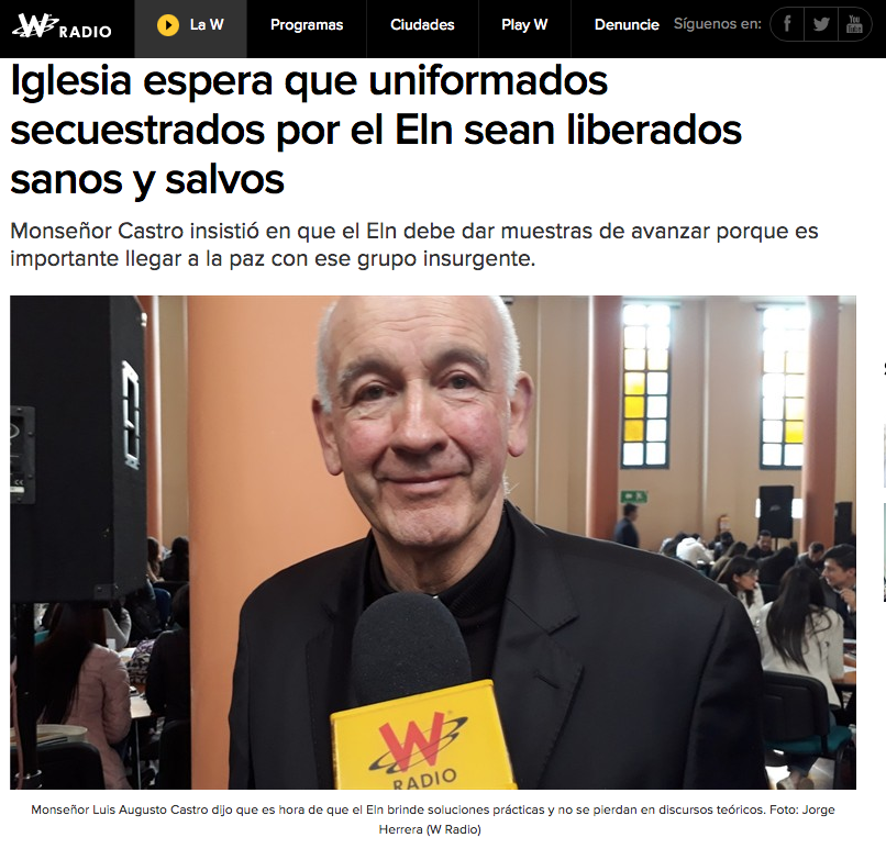 Iglesia espera que uniformados secuestrados por el Eln sean liberados sanos y salvos