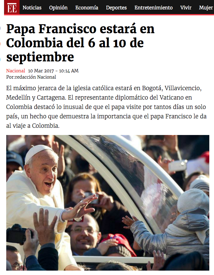 Papa Francisco estará en Colombia del 6 al 10 de septiembre