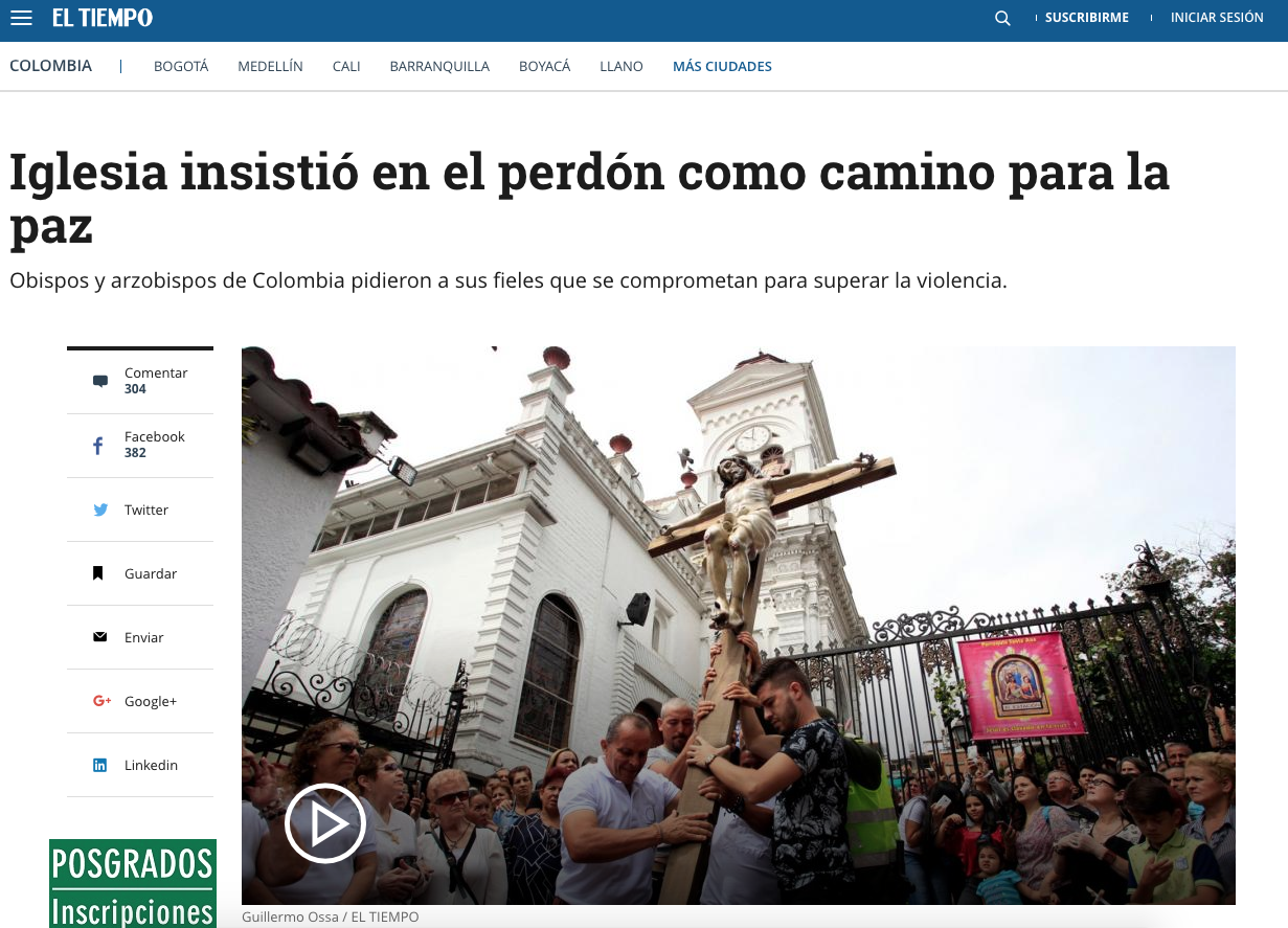 Iglesia insistió en el perdón como camino para la paz
