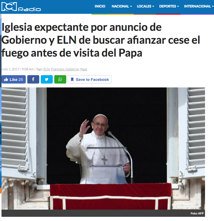 Iglesia expectante por anuncio de Gobierno y ELN de buscar afianzar cese el fuego antes de visita del Papa