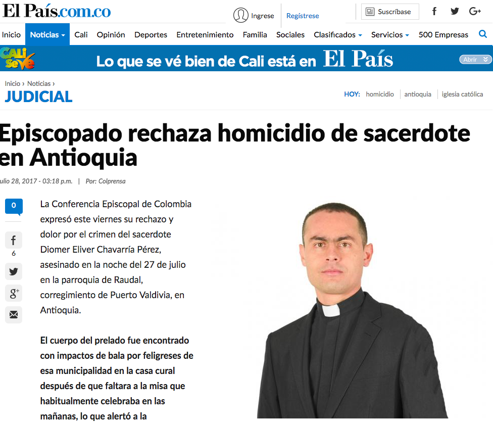 Episcopado rechaza homicidio de sacerdote en Antioquia