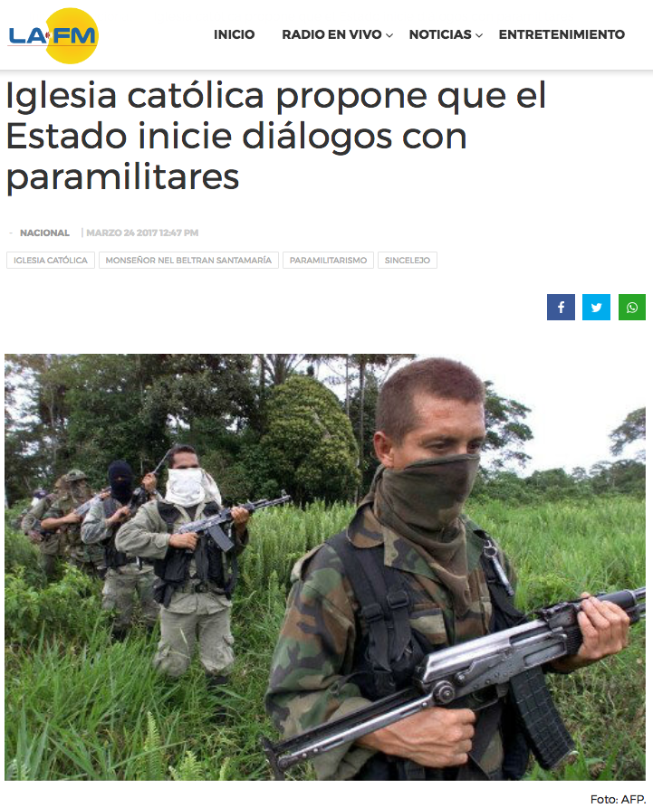 Iglesia católica propone que el Estado inicie diálogos con paramilitares