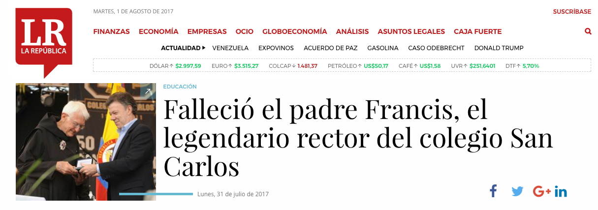 Falleció el padre Francis, el legendario rector del colegio San Carlos