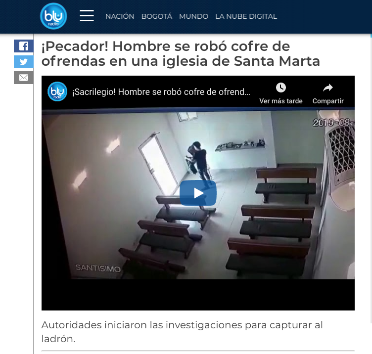 Hombre se robó cofre de ofrendas en una iglesia de Santa Marta