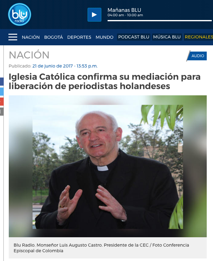Iglesia Católica confirma su mediación para liberación de periodistas holandeses