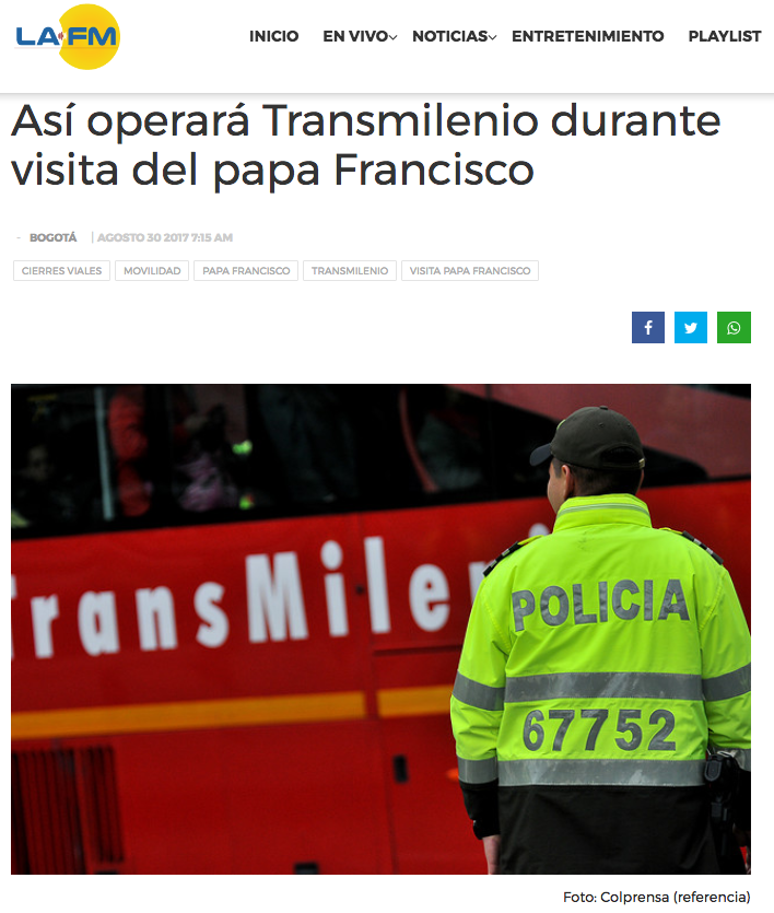 Así operará Transmilenio durante visita del papa Francisco