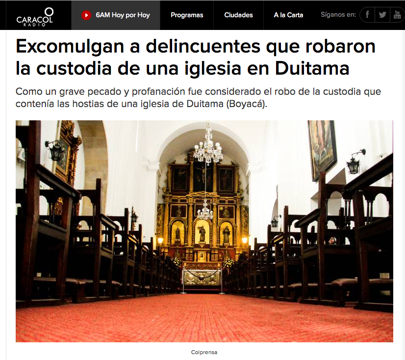 Excomulgan a delincuentes que robaron la custodia de una iglesia en Duitama