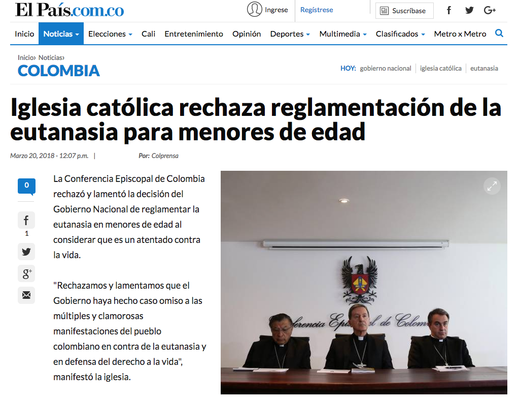 Iglesia católica rechaza reglamentación de la eutanasia para menores de edad