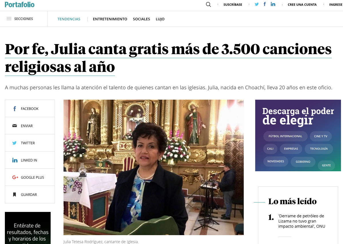Por fe, Julia canta gratis más de 3.500 canciones religiosas al año