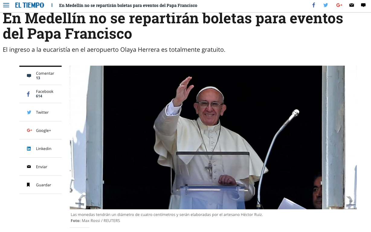 En Medellín no se repartirán boletas para eventos del Papa Francisco