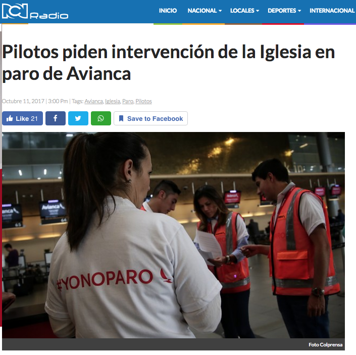 Pilotos piden intervención de la Iglesia en paro de Avianca