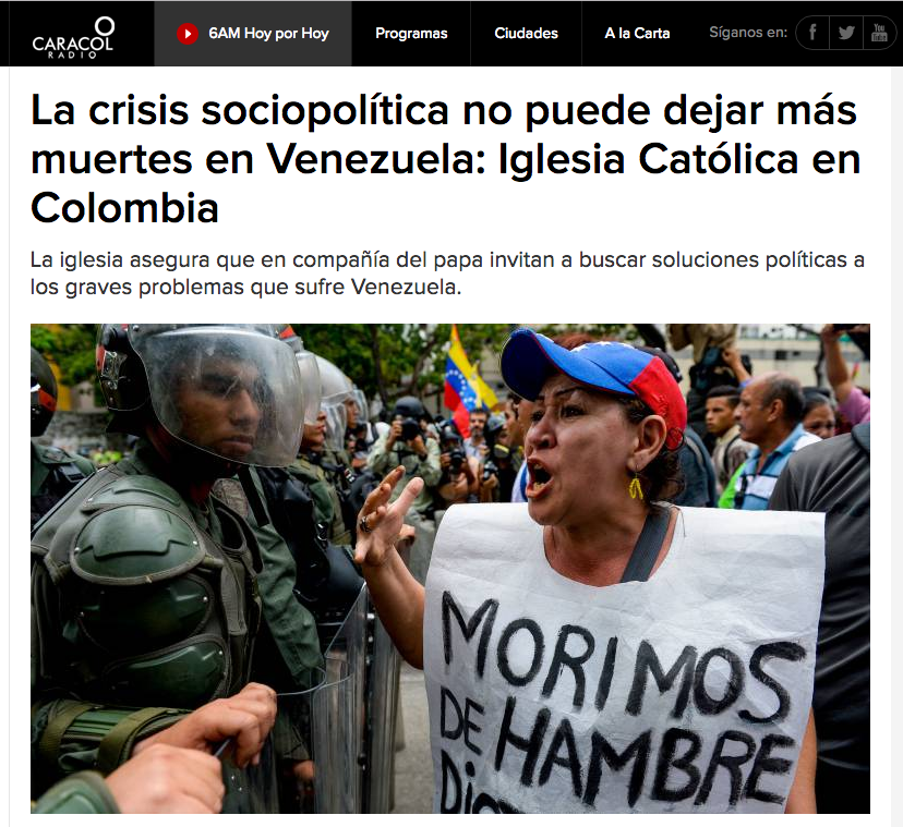 La crisis sociopolítica no puede dejar más muertes en Venezuela: Iglesia Católica en Colombia