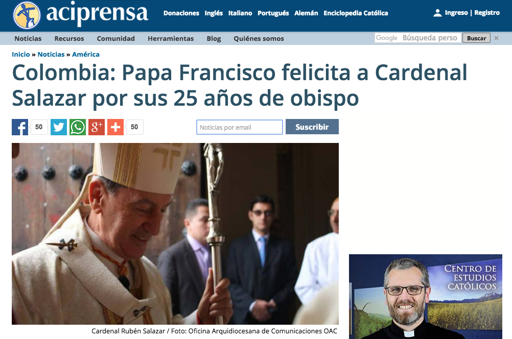 Colombia: Papa Francisco felicita a Cardenal Salazar por sus 25 años de obispo