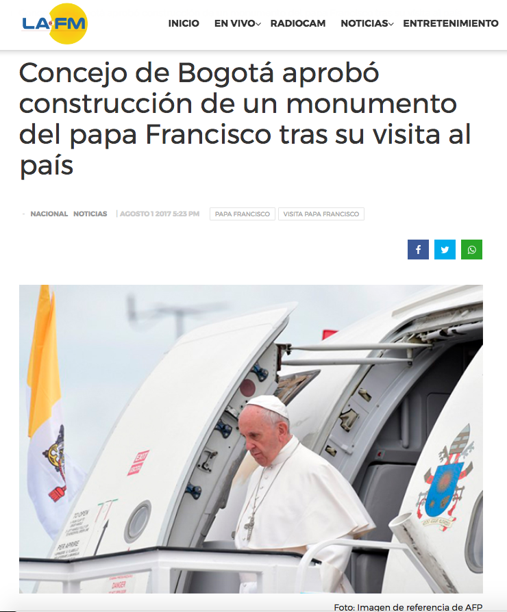Concejo de Bogotá aprobó construcción de un monumento del papa Francisco tras su visita al país