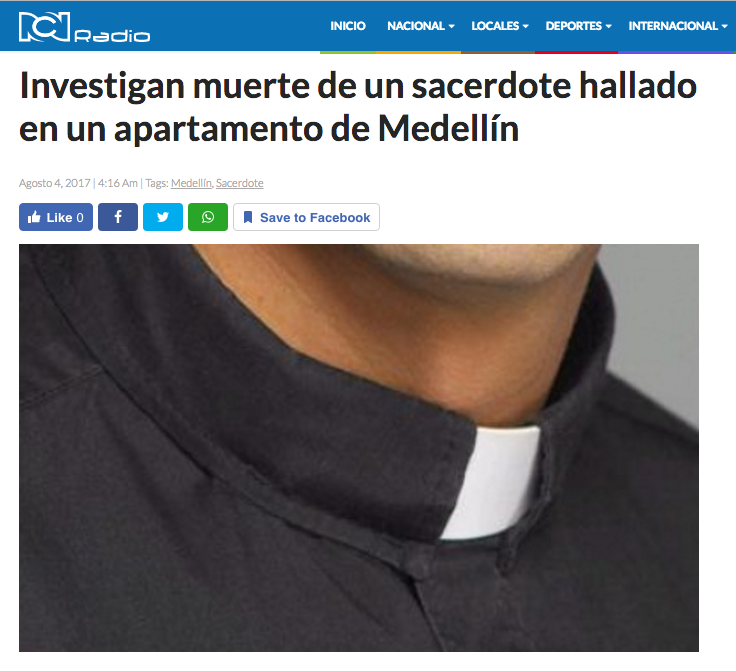 Investigan muerte de un sacerdote hallado en un apartamento de Medellín