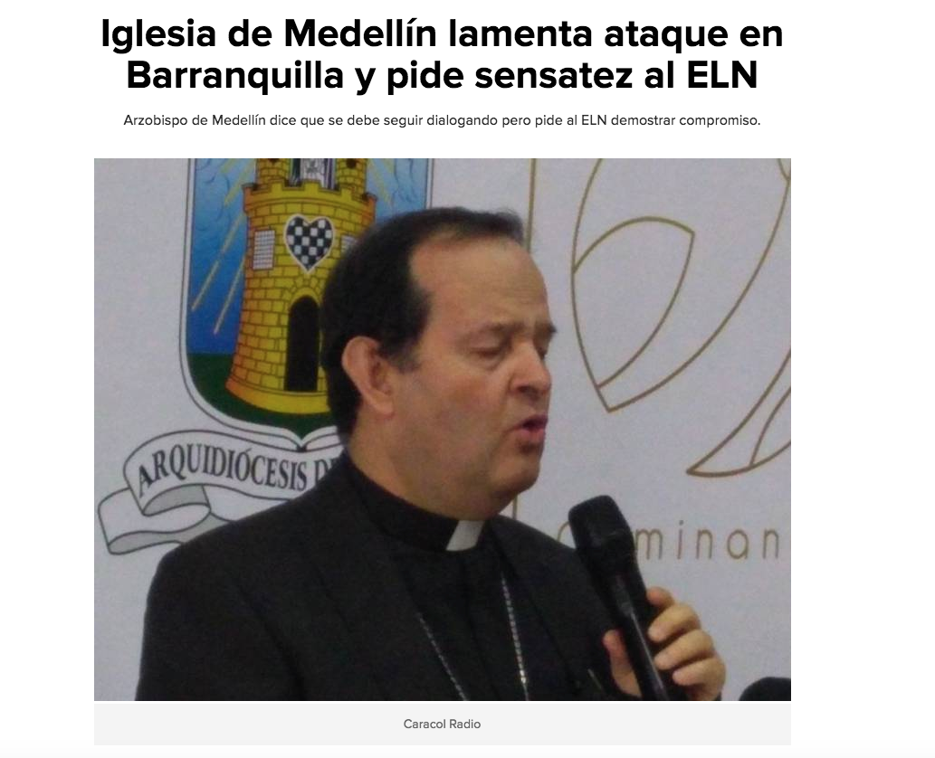 Iglesia de Medellín lamenta ataque en Barranquilla y pide sensatez al ELN