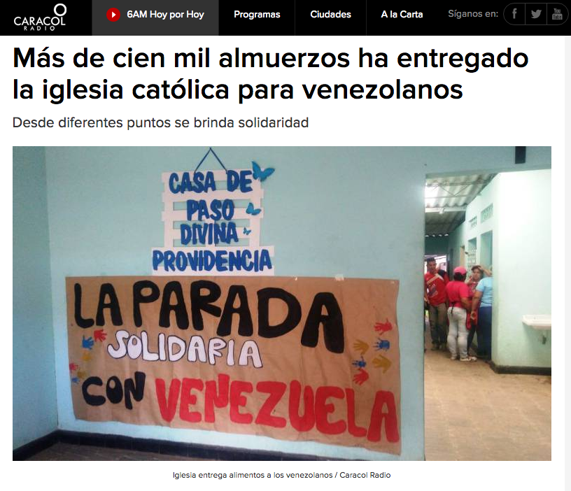Más de cien mil almuerzos ha entregado la iglesia católica para venezolanos