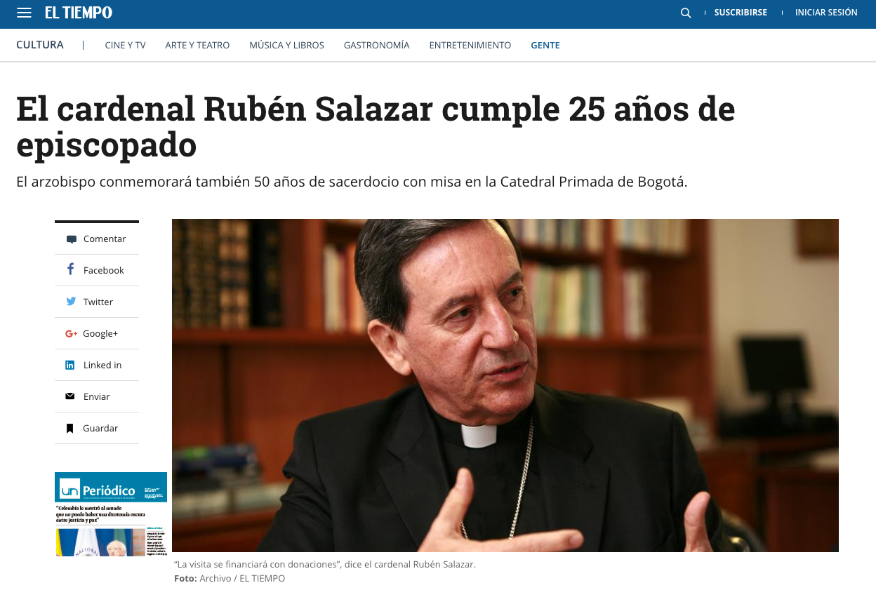 El cardenal Rubén Salazar cumple 25 años de episcopado