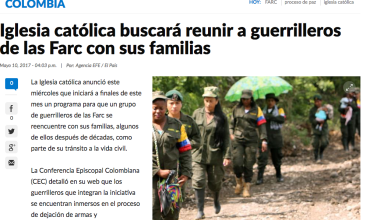Iglesia católica buscará reunir a guerrilleros de las Farc con sus familias