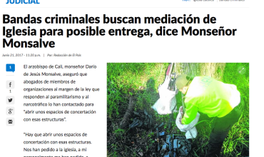 Bandas criminales buscan mediación de Iglesia para posible entrega, dice Monseñor Monsalve